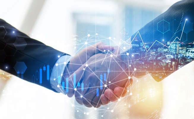 business man investor handshake with global network link connect
